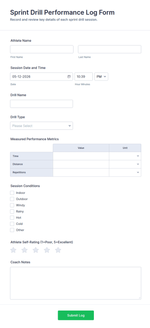 Sprint Drill Performance Log Form Template
