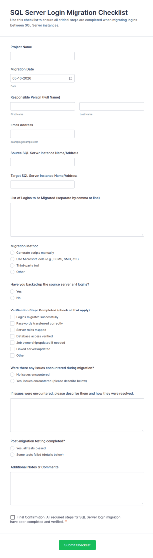 SQL Server Login Migration Checklist Form Template