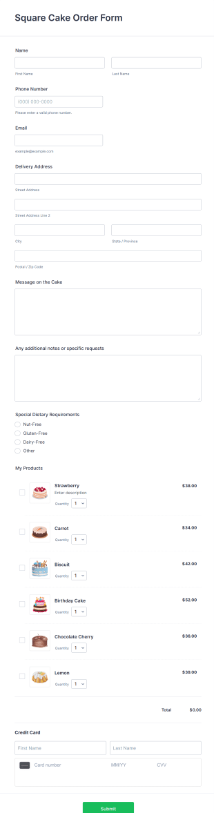 Square Cake Order Form Template