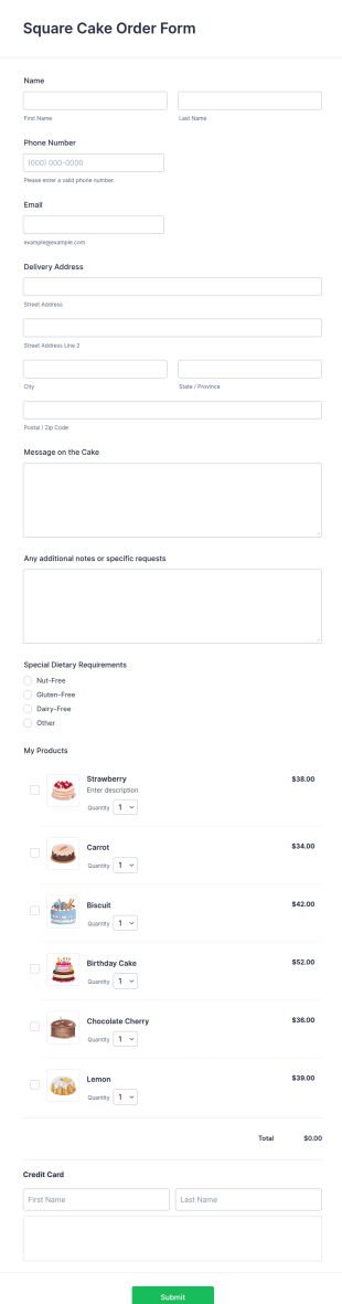 Square Cake Order Form Template