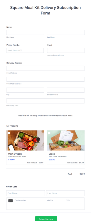 Square Meal Kit Delivery Subscription Form Template