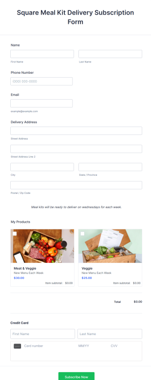 Square Meal Kit Delivery Subscription Form Template
