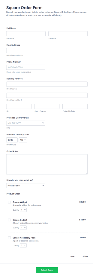 Square Order Form Template