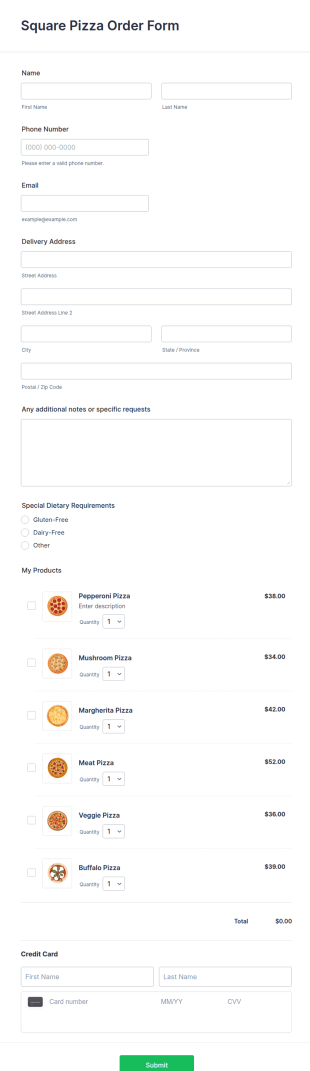 Square Pizza Order Form Template