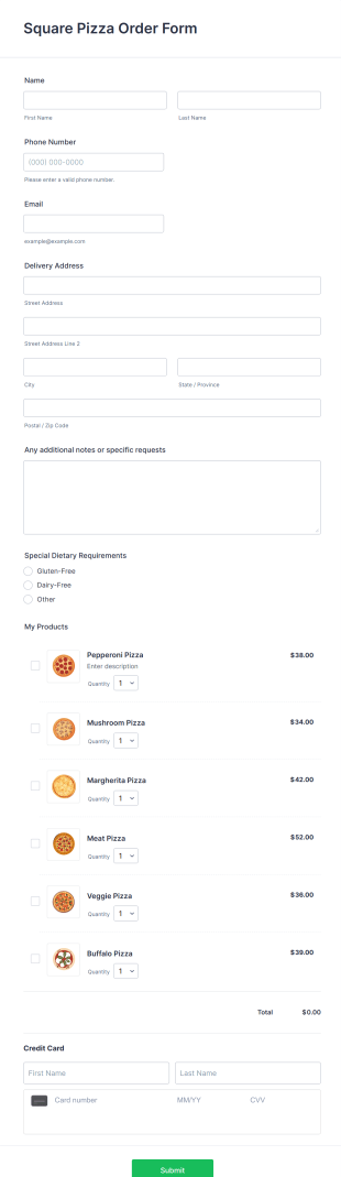 Square Pizza Order Form Template