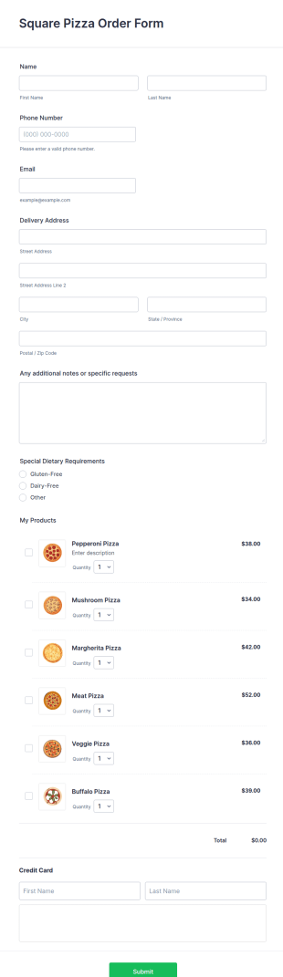 Square Pizza Order Form Template