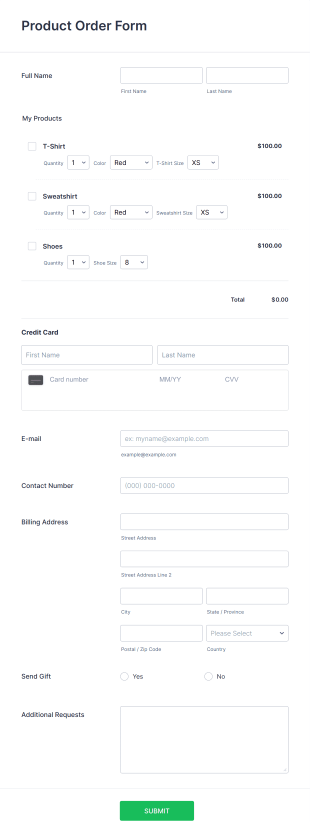 Square Product Order Form Template