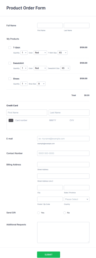 Square Product Order Form Template