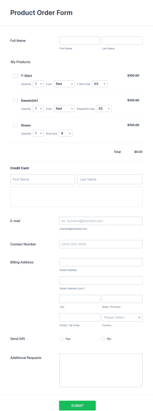 Square Product Order Form Template