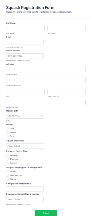 Squash Registration Form Template
