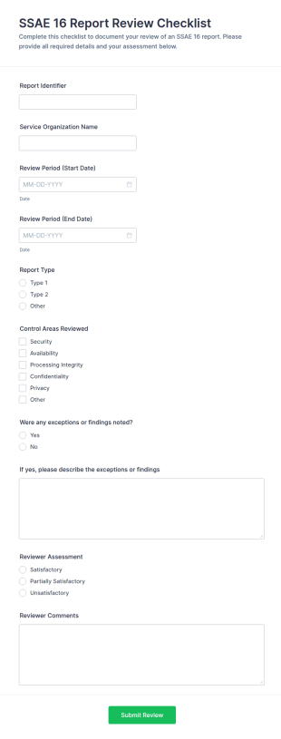 SSAE 16 Report Review Checklist Form Template
