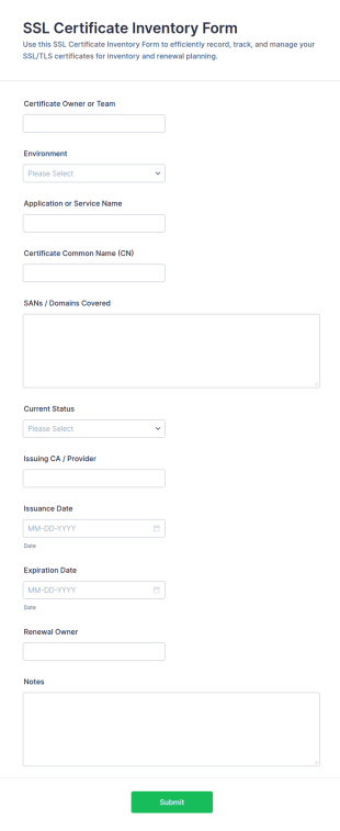 SSL Certificate Inventory Form Template