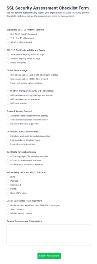 SSL Security Assessment Checklist Form Template