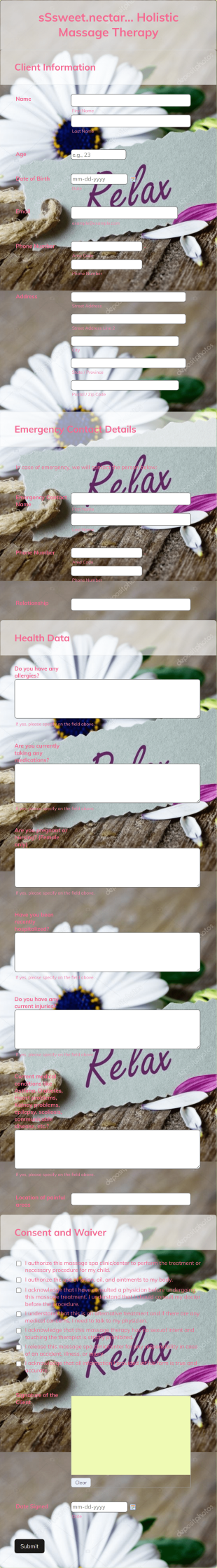 SSsweet.nectar... Holistic Massage Therapy Form Template