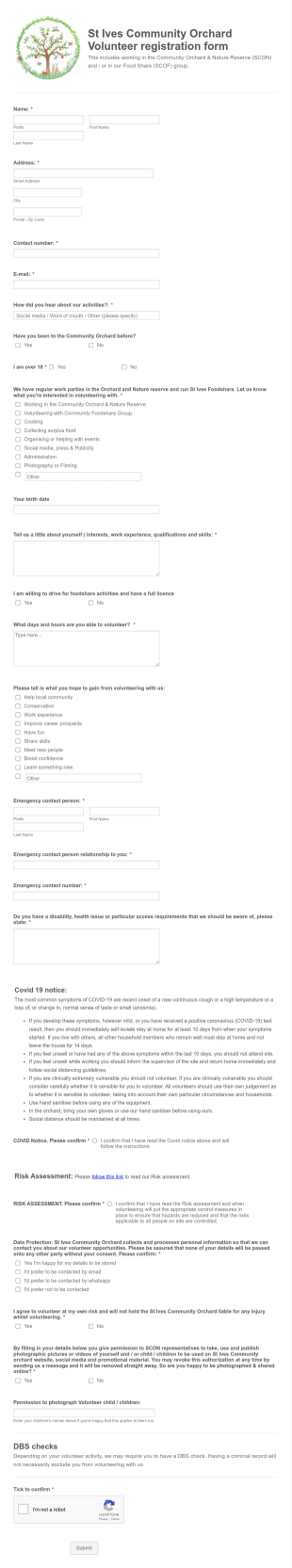St Ives Community Orchard Volunteer Signup Form Template
