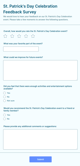 St. Patrick's Day Celebration Feedback Survey Form Template