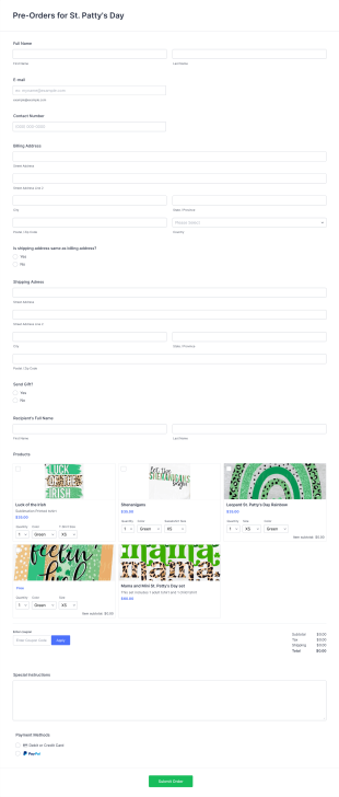 St. Patricks Day Order Form Template