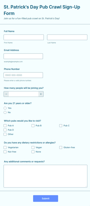 St. Patrick's Day Pub Crawl Sign Up Form Template