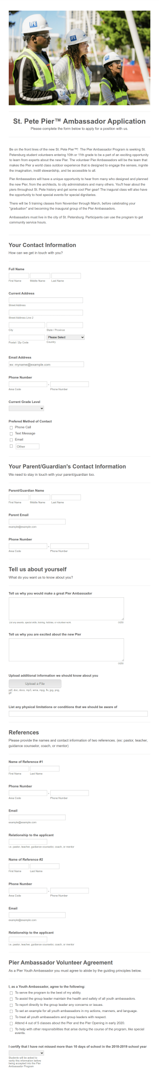 St. Pete Pier Ambassador Application Form Template