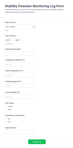 Stability Chamber Monitoring Log Form Template