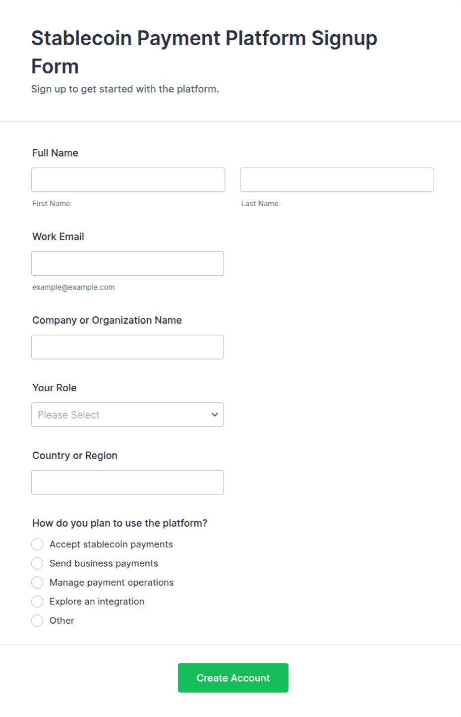 Stablecoin Payment Platform Signup Form Template | Jotform
