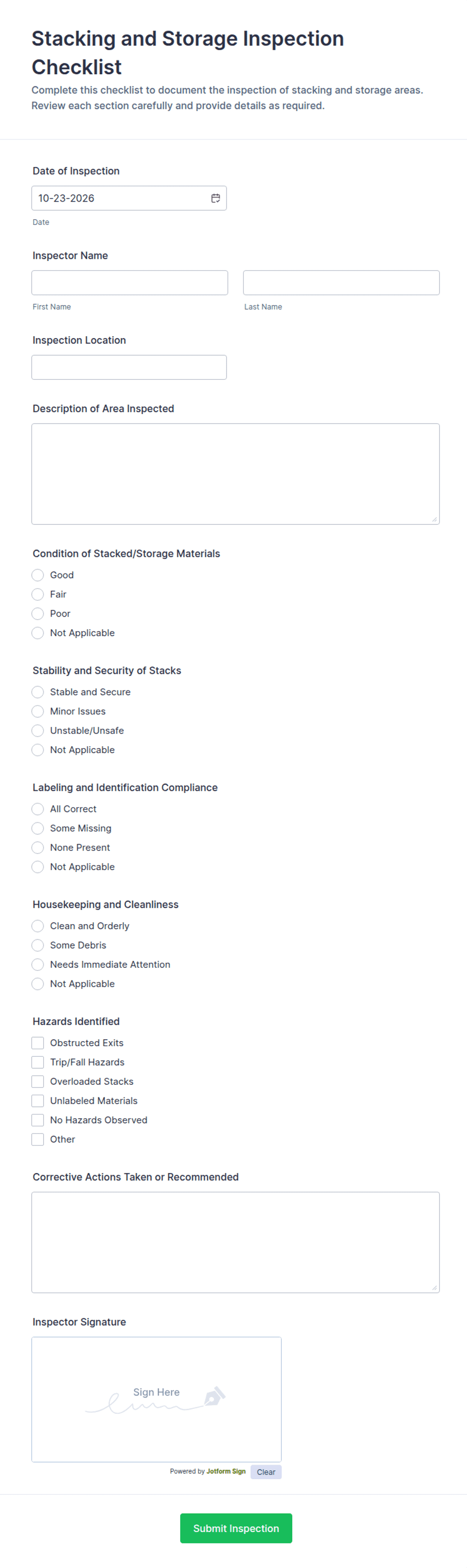Stacking and Storage Inspection Form Template | Jotform