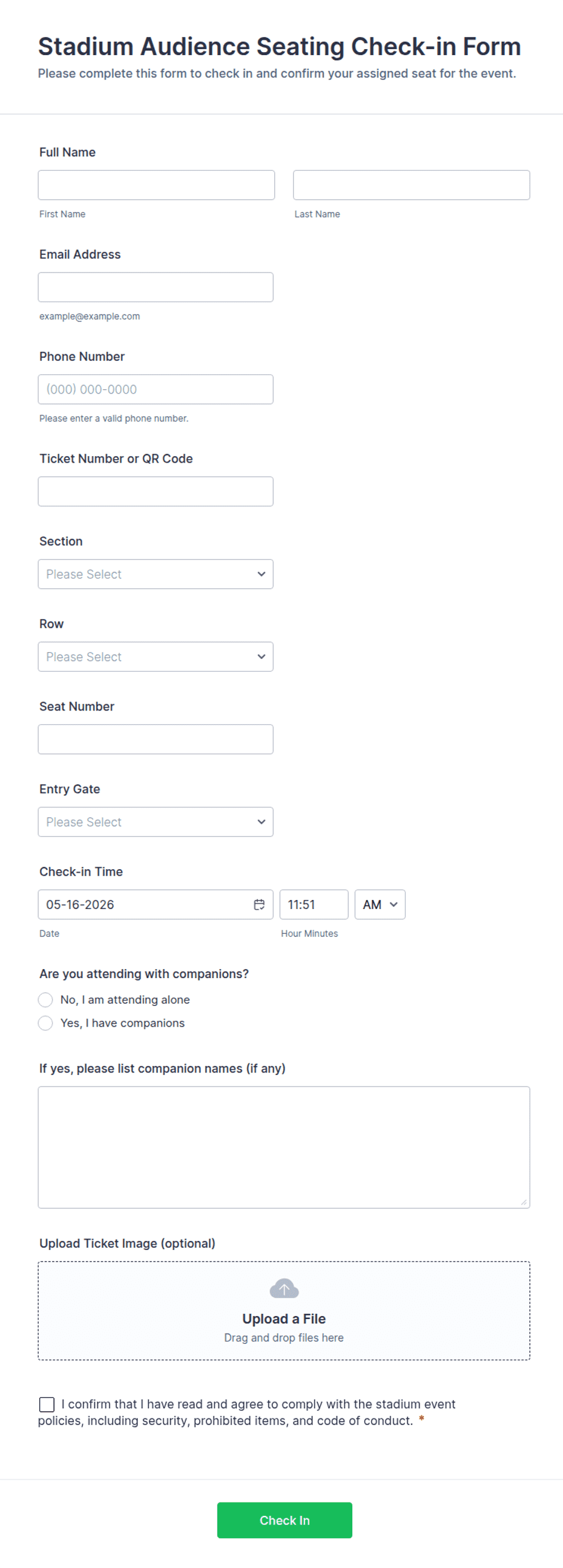 Stadium Audience Seating Check-in Form Template | Jotform