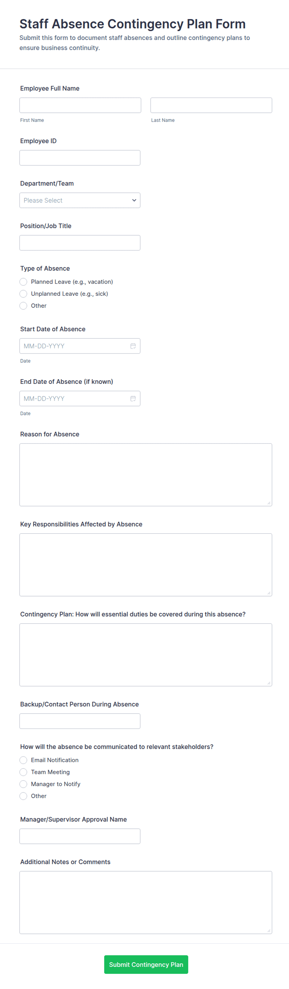 Staff Absence Contingency Plan Form Template | Jotform