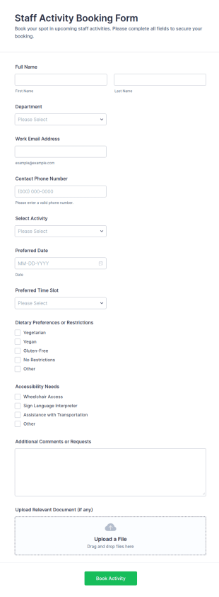 Staff Activity Booking Form Template