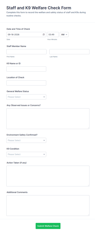 Staff And K9 Welfare Check Form Template