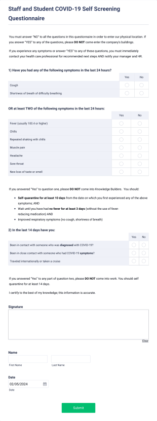Staff And Student COVID 19 Self Screening Questionnaire Form Template