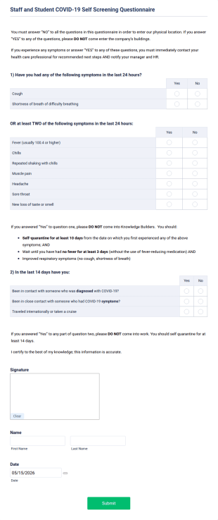 Staff And Student COVID 19 Self Screening Questionnaire Form Template