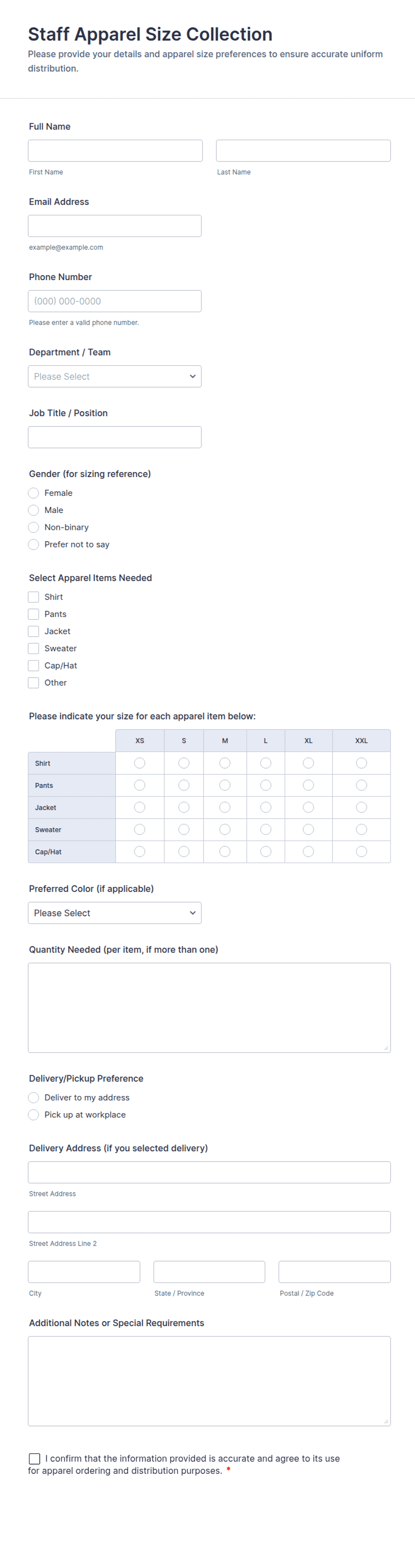 Staff Apparel Size Collection Form Template | Jotform