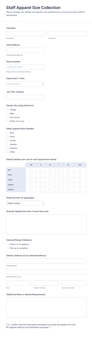 Staff Apparel Size Collection Form Template