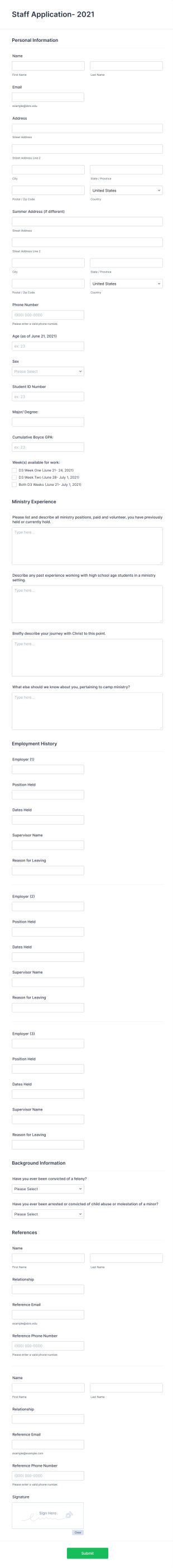 Staff Application Form Template