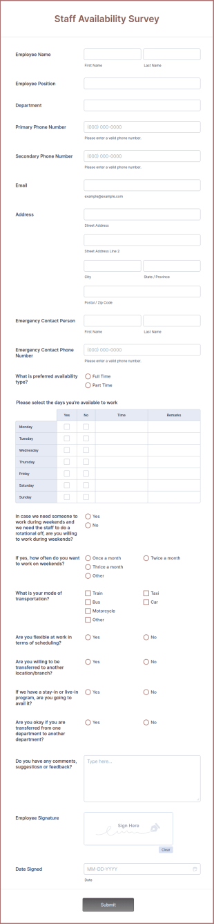 Staff Availability Survey Form Template