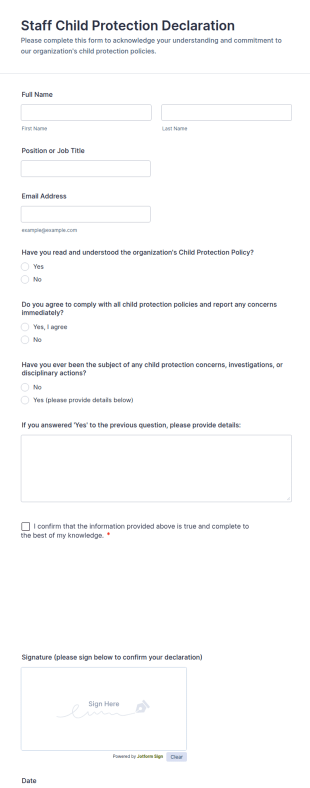 Staff Child Protection Declaration Form Template