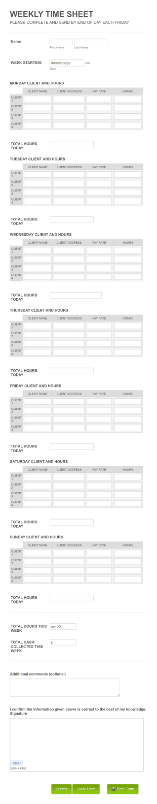 Cleaning Staff Weekly Time Sheet Form Template