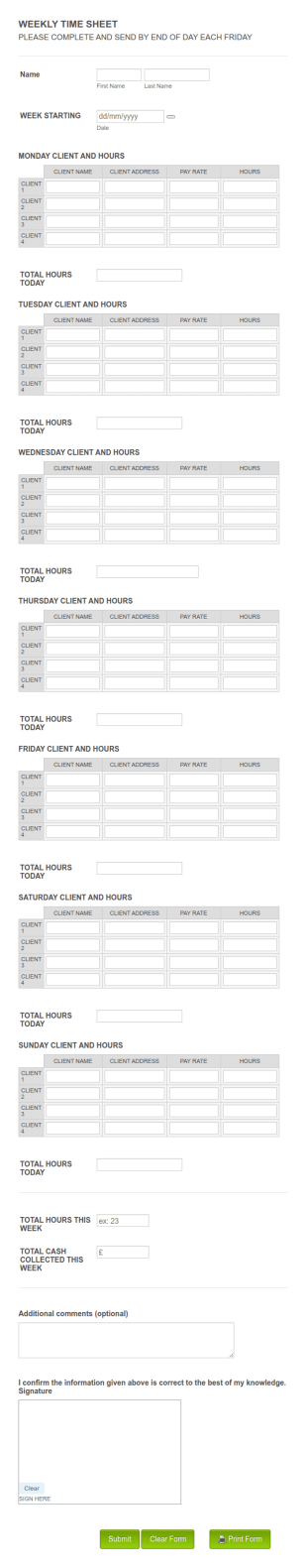 Cleaning Staff Weekly Time Sheet Form Template