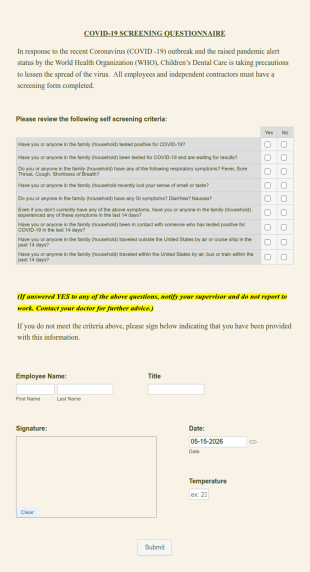 Staff Covid 19 Screening Questionnaire Form Template