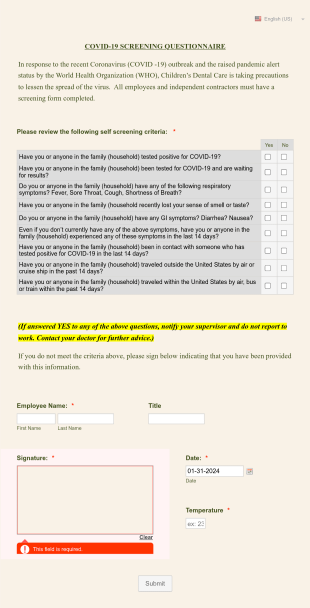 Staff Covid 19 Screening Questionnaire Form Template