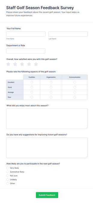 Staff Golf Season Feedback Survey Form Template