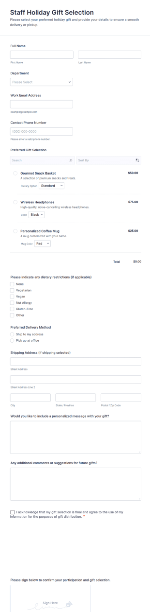 Staff Holiday Gift Selection Form Template