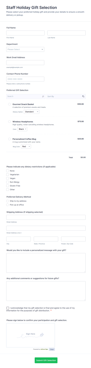 Staff Holiday Gift Selection Form Template