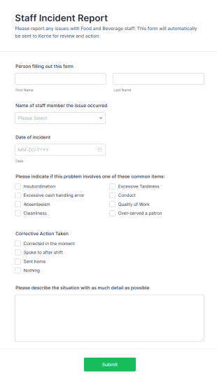 Staff Incident Report Form Template