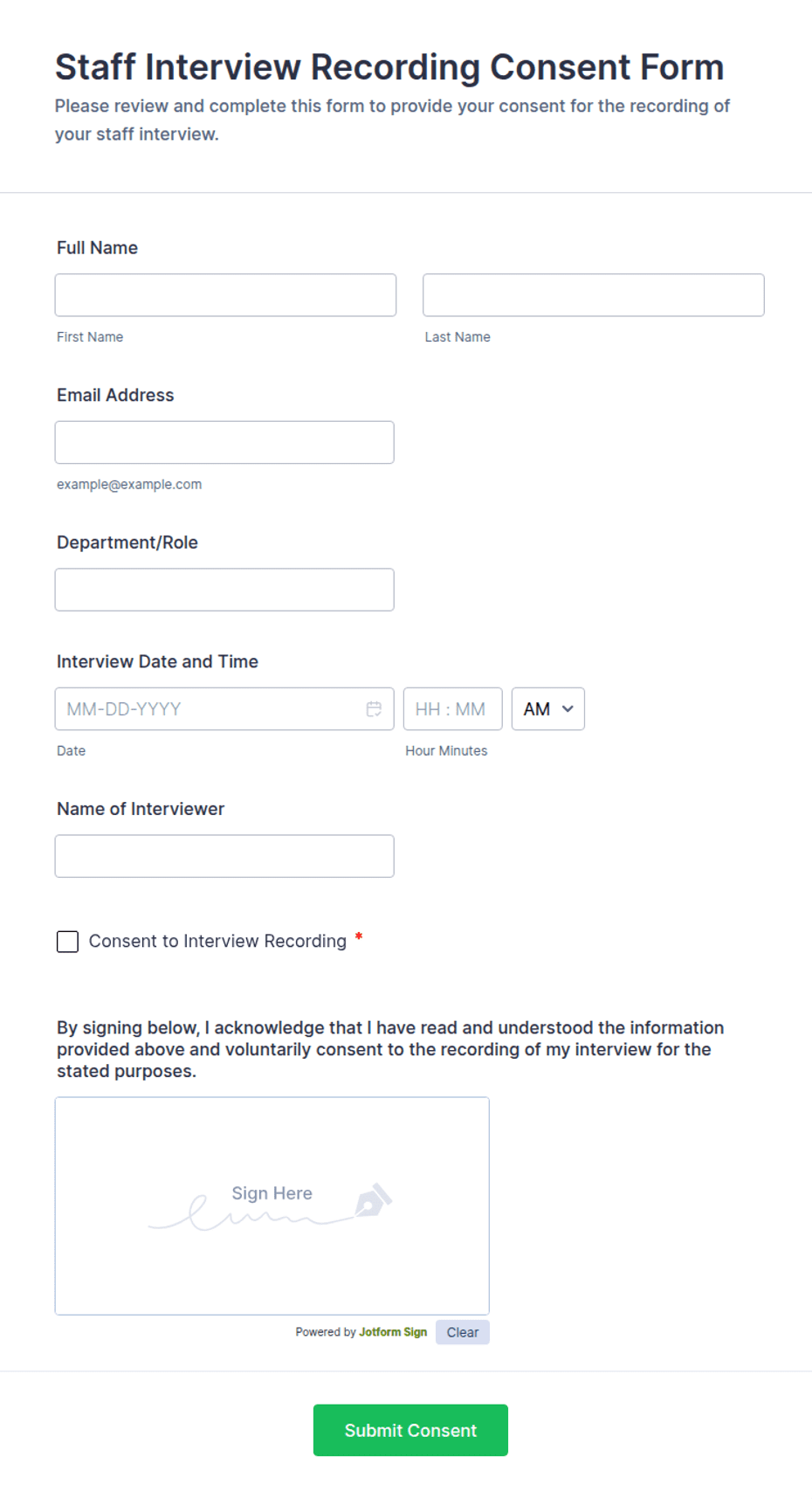 Example Consent Script For Interview Staff Interview Recording Consent Form Template | Jotform
