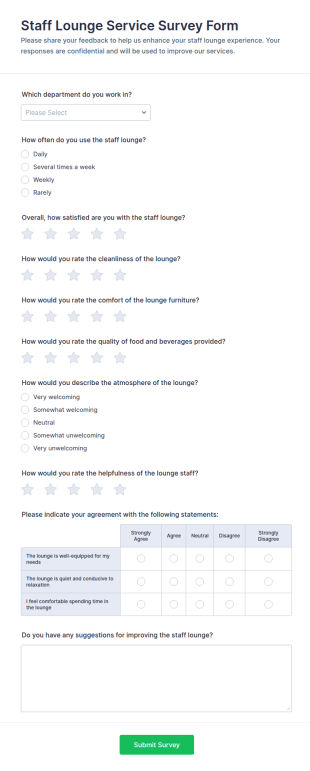 Staff Lounge Service Survey Form Template