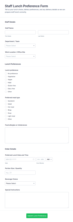 Staff Lunch Preference Form Template