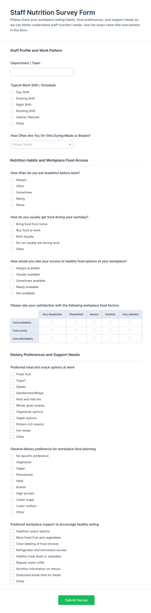 Staff Nutrition Survey Form Template