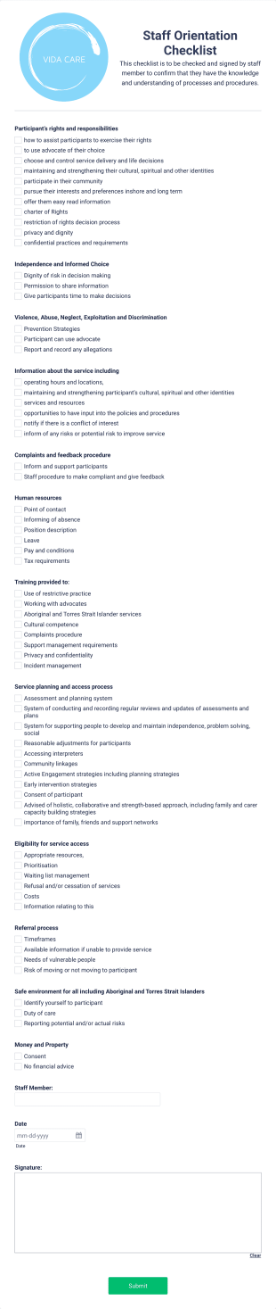 Staff Orientation Checklist Form Template